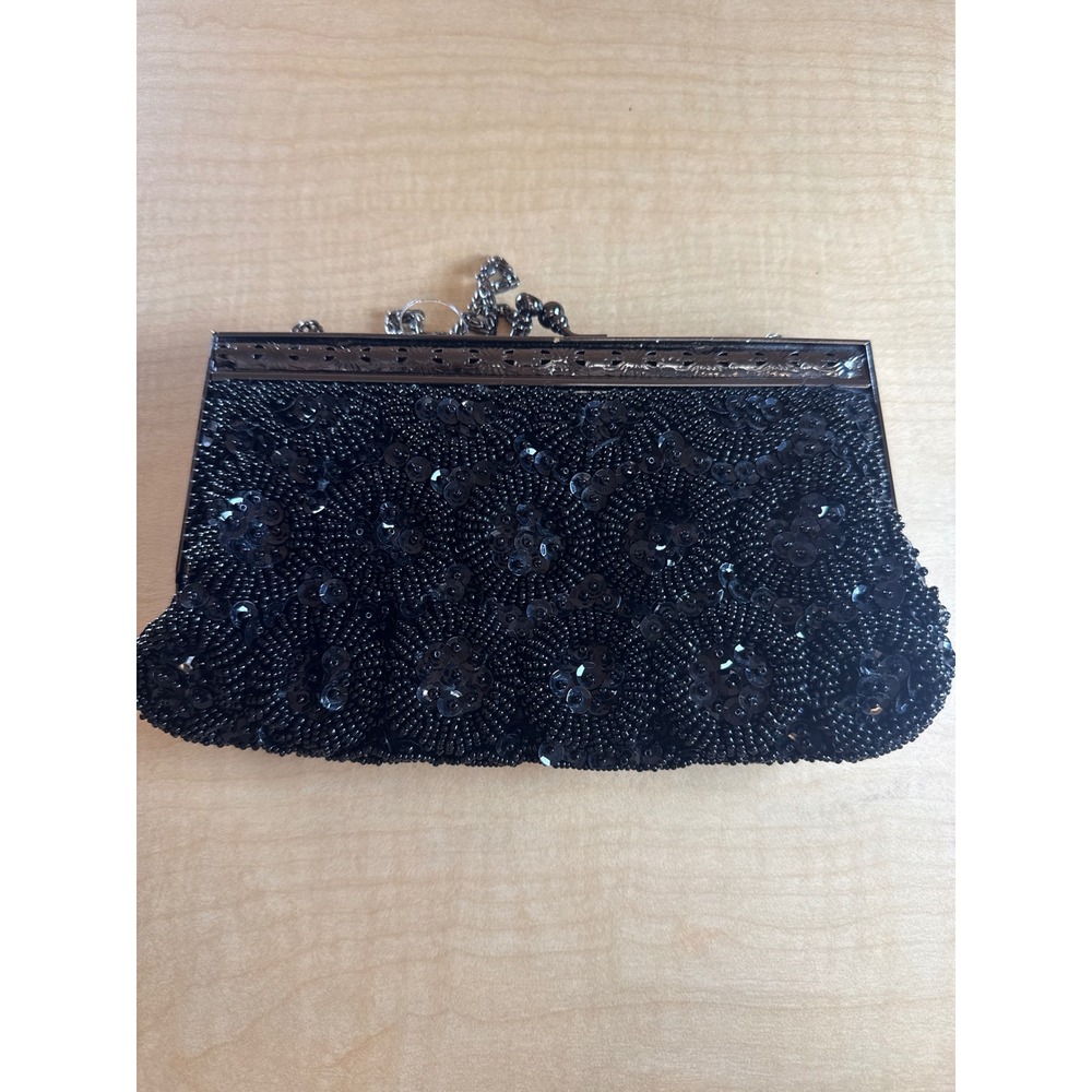Lillie‎ Rubin Vintage Black Beaded Sequin Clutch Bag Kiss Lock Chain Strap
